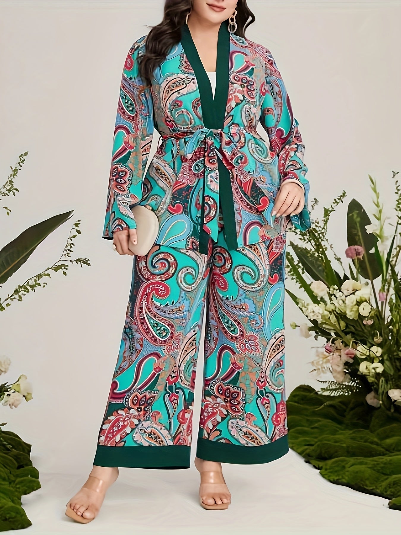 Women's Plus Paisley Print Long Sleeve Cardigan & Wide Leg Pants 2 Piece Set