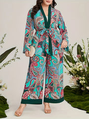 Women's Plus Paisley Print Long Sleeve Cardigan & Wide Leg Pants 2 Piece Set