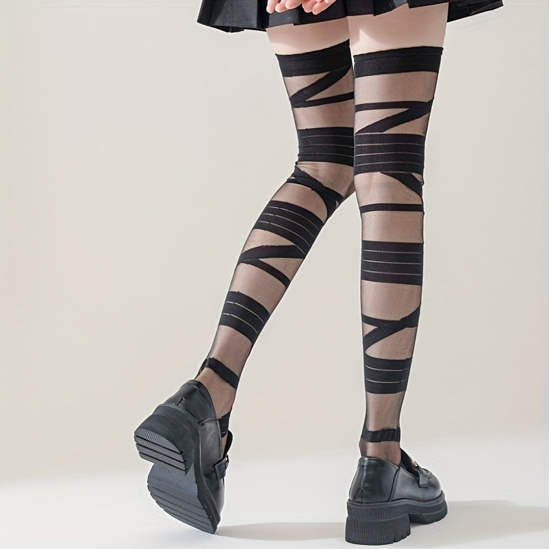 Striped Thigh High Stockings Smooth Mesh Over The Knee Socks Women's Stockings