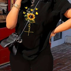 Women's Plus Sunflower & Letter Print Tee & Shorts Set
