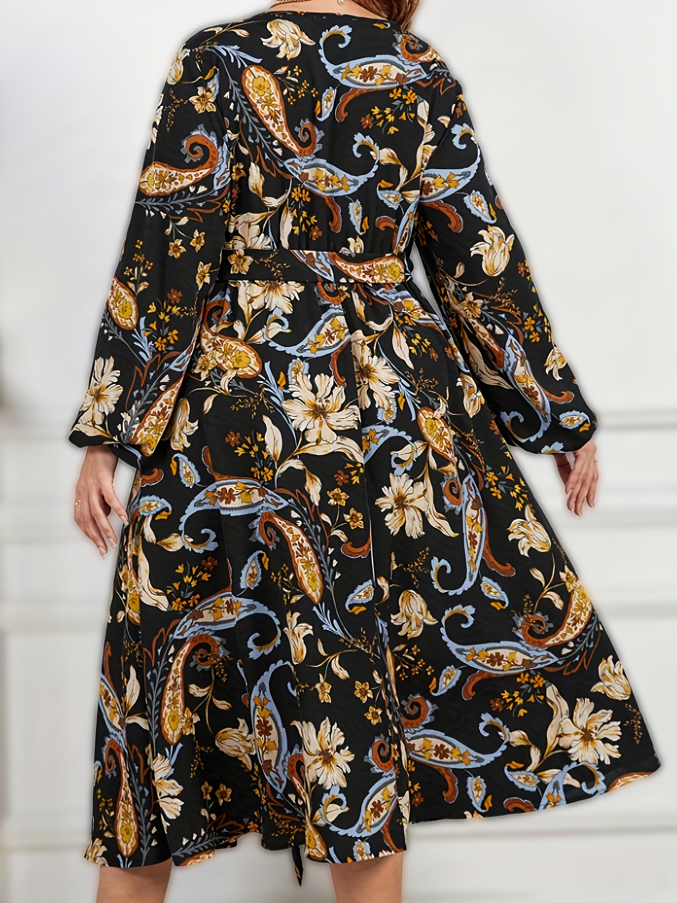  Paisley Print Long Sleeve V Neck Midi Dress With Belt