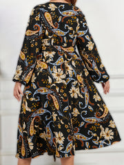  Paisley Print Long Sleeve V Neck Midi Dress With Belt