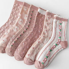 6 Pairs Sweet & Pink Serie Socks - Cozy Flower Geometric 3D Textured Stockings