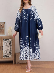  Colorblock Floral Print Lantern Sleeve Maxi Dress