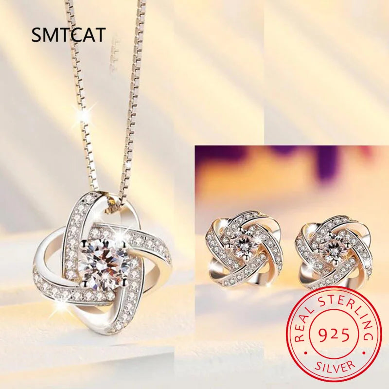 925 Silver Flower Zirconia Knot Necklace+Earrings Set