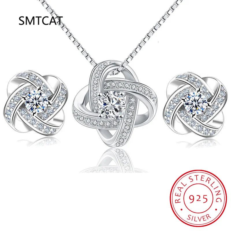 925 Silver Flower Zirconia Knot Necklace+Earrings Set