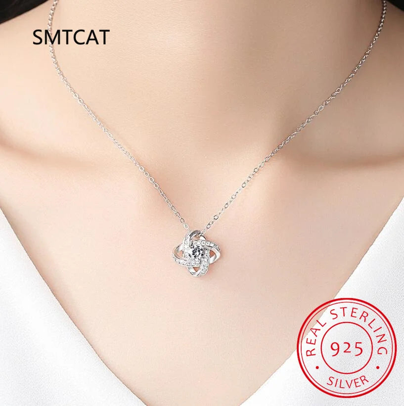 925 Silver Flower Zirconia Knot Necklace+Earrings Set