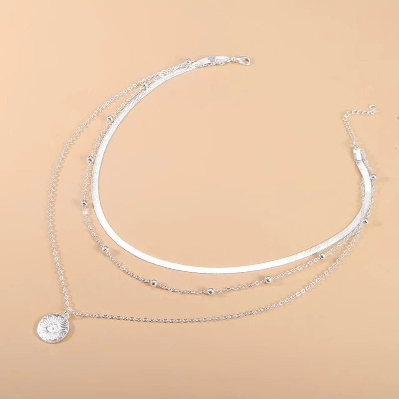925 Silver Triple-Layer Round Necklace Snake Chain Ball Chain