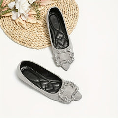 Women's Rhinestone Buckle Pointed Toe Flat Shoes Soft Sole Slip On Evening Flats