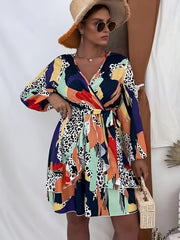  Colorblock Leopard Print Long Sleeve Mini Dress