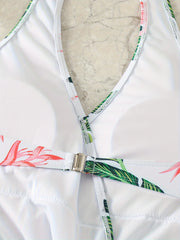  Tropical Print Cut Out V Neck Halter One Piece Swimsuit