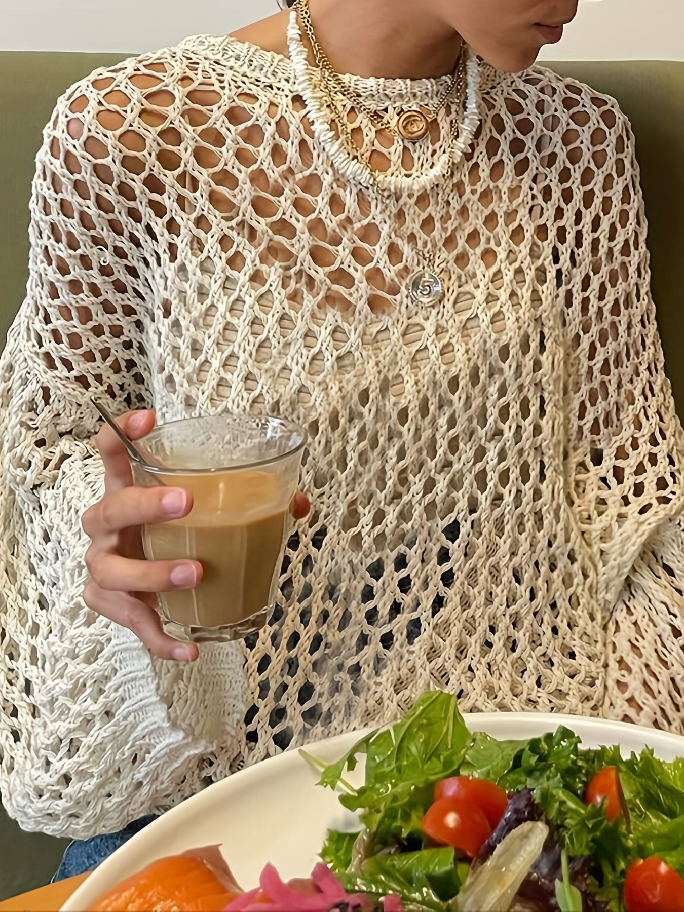 Crochet Cover Up Knitted Top Long Sleeve Sweater For Spring & Summer