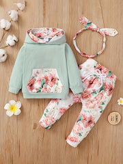 Baby Girls Hooded Pocket Long Sleeve Sweatshirt Flowers Pants Set