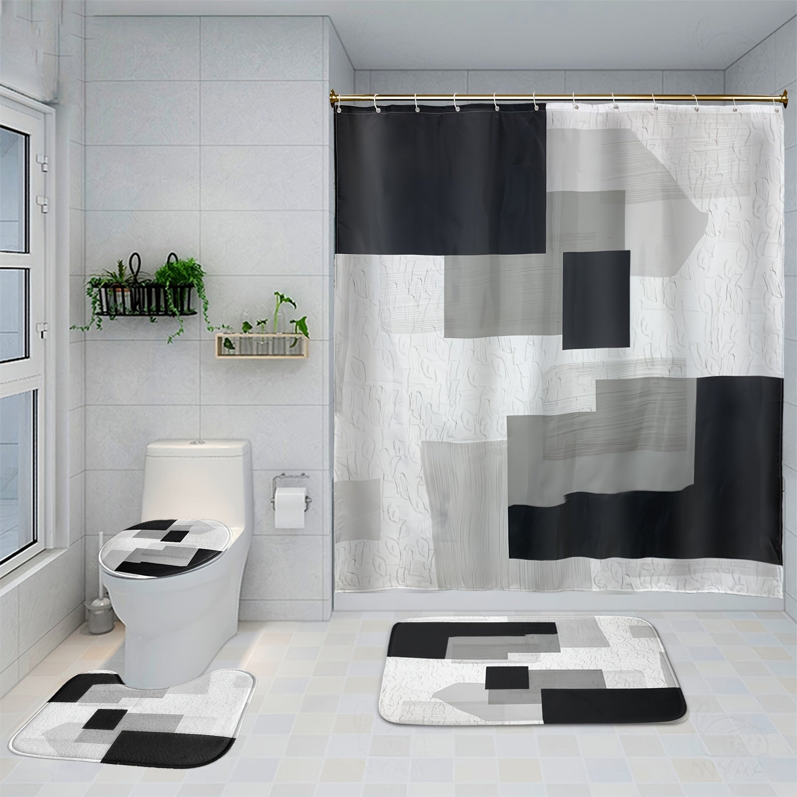 4 Piece Bathroom Set: Shower Curtain, Rugs, Non Slip Mat & Hooks