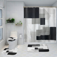 4 Piece Bathroom Set: Shower Curtain, Rugs, Non Slip Mat & Hooks