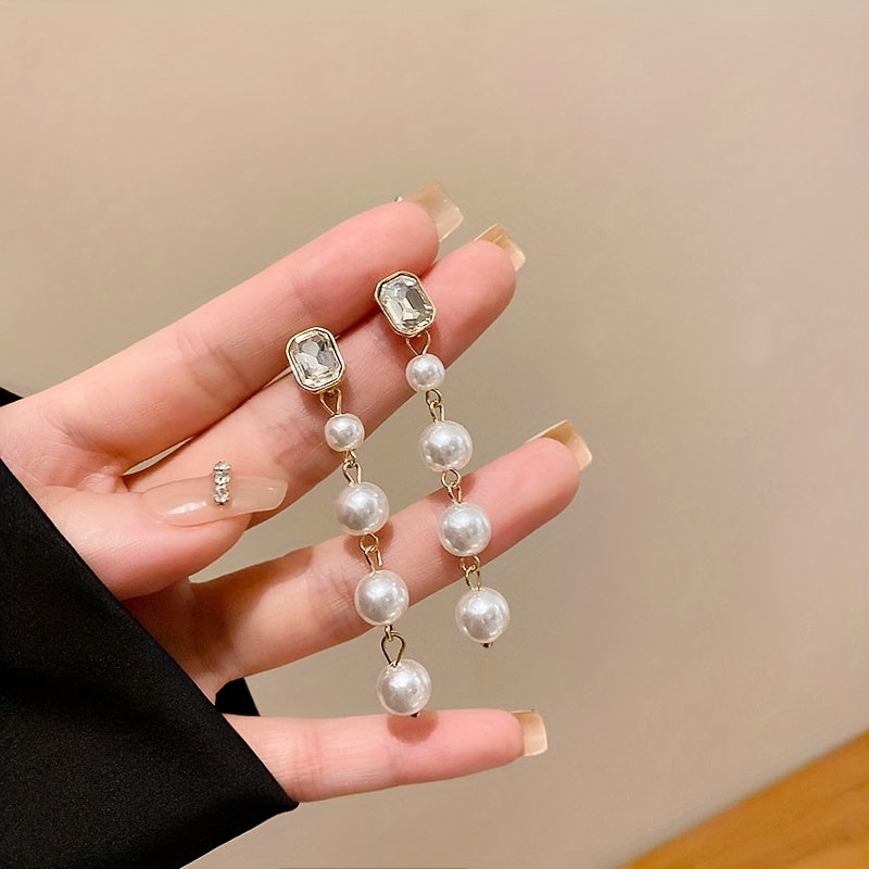 Zircon Faux Pearl Decor Chain Long Dangle Earrings Wedding Jewelry