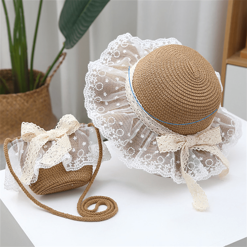 Kids Summer Straw Hat with Lace, Sunscreen Protection