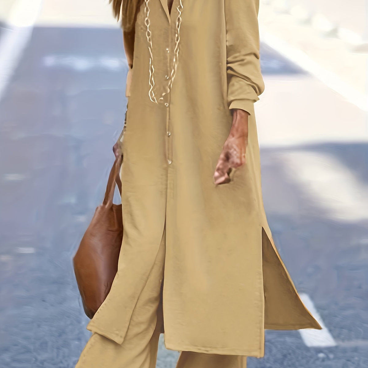  Solid Long Sleeve Button Up Shirt & Pants 2 Piece Set