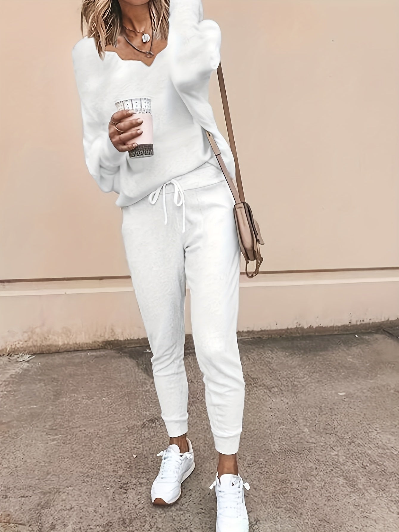  Solid Long Sleeve V Neck Top & Joggers Two Piece Set