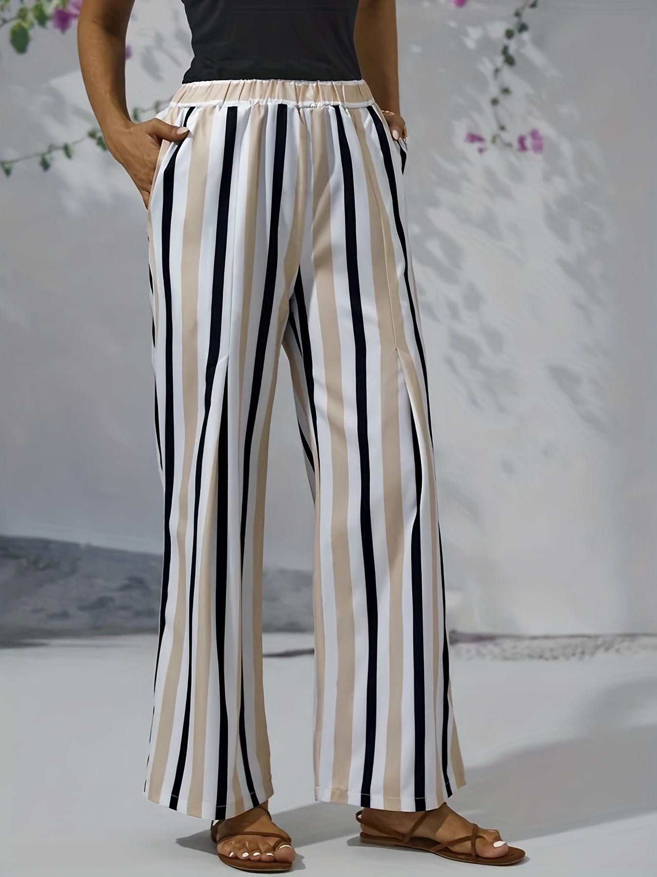  Striped Print Wide Leg Pants With Pockets