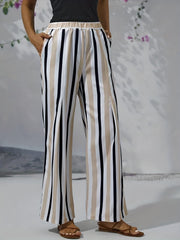  Striped Print Wide Leg Pants With Pockets