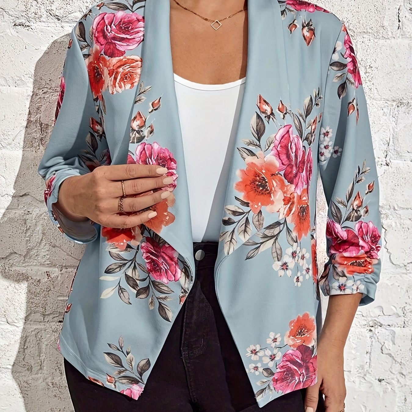  Floral Print Half Sleeve Blazer