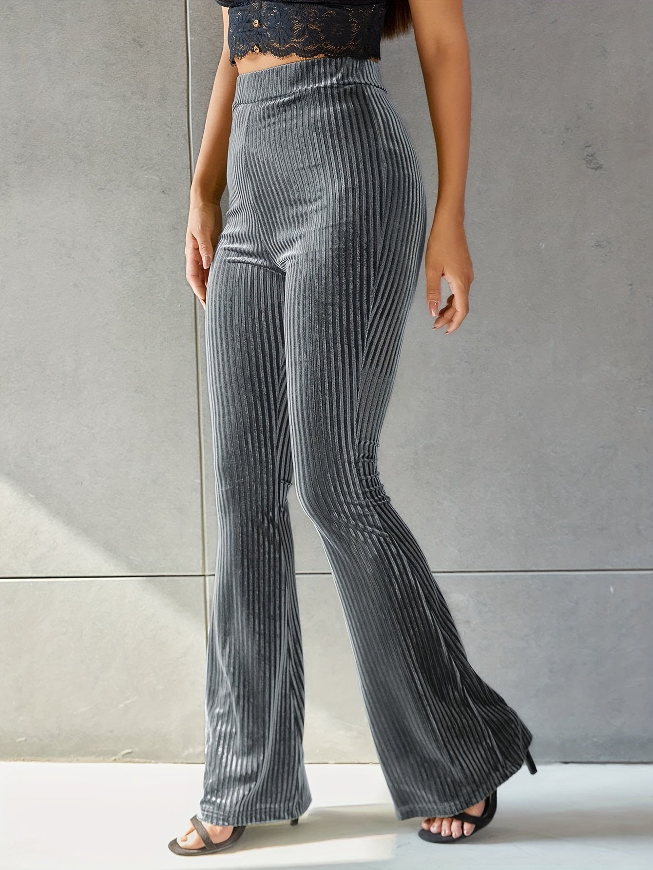  Solid Velvet High Rise Flared Leg Trousers