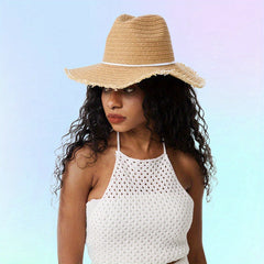 Khaki Raw Brim Sun Hat British Style Classic Straw Hat Rope Bowknot Jazz Fedora