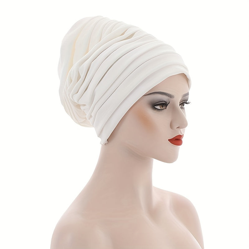 Layered Pleated Turban Cap Elastic Head Wrap Solid Ramadan Head Scarf