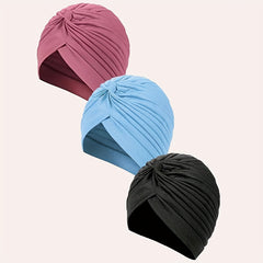 3pcs Pleated Turban Cap Solid Head Wraps Women Ramadan Hijab Chemo Hats