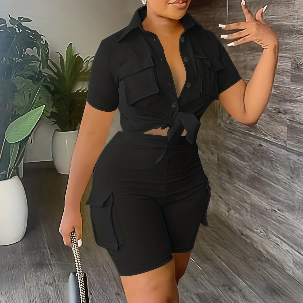 Casual Solid Matching Two Piece Set Short Sleeve Blouse & Flap Pockets Shorts