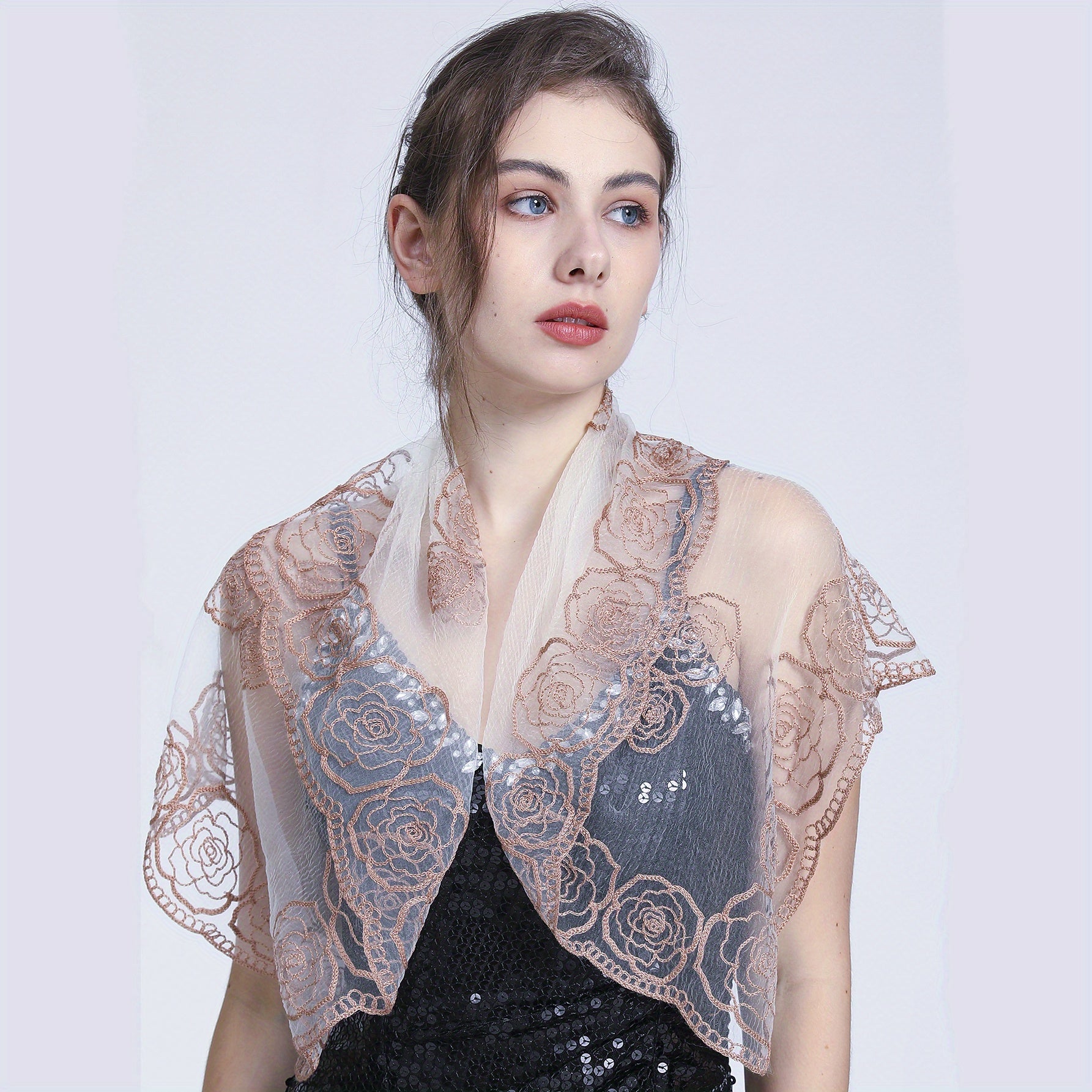 Transparent Lace Square Scarf Rose Embroidery Shawl