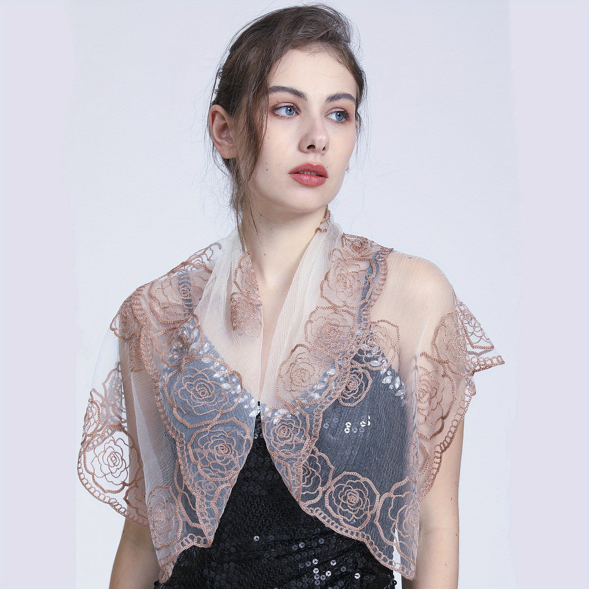 Transparent Lace Square Scarf Rose Embroidery Shawl
