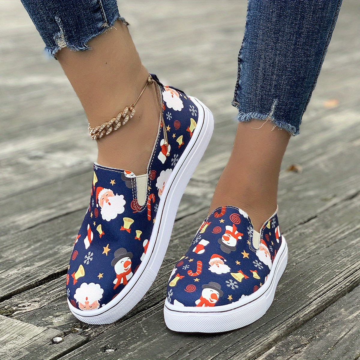 Christmas Snowman Print Soft Thick Sole Slip On Loafers Shoes