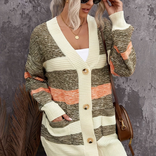  Striped Long Sleeve Button-Up Cardigan With Pockets
