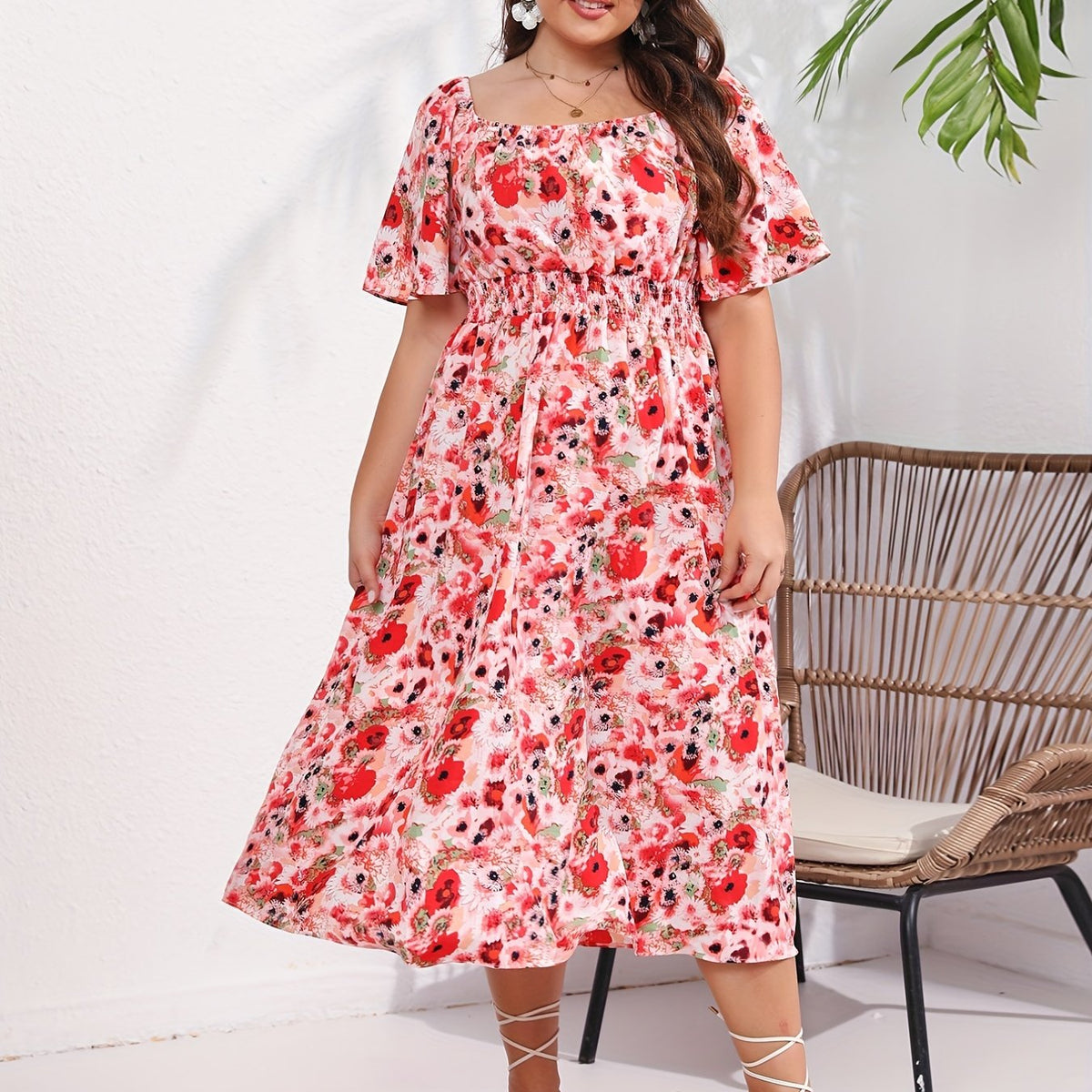  Vacay Dress Women's Plus Floral Print Ruffle Sleeve Beach Dress