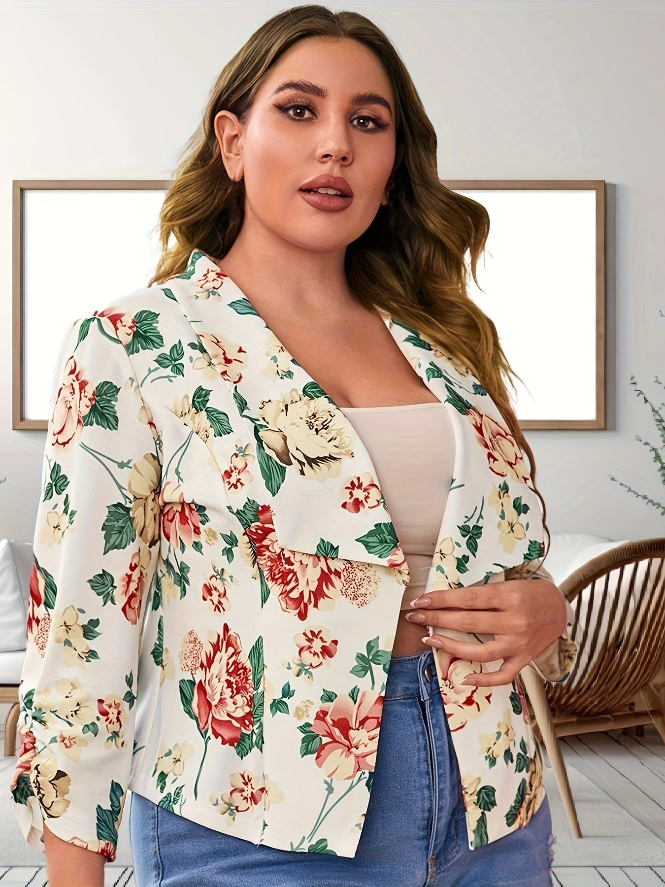  Floral Print Long Sleeve Casual Blazer