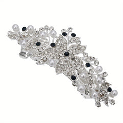 Silver Faux Pearl Leaf Hair Clip Non-Slip Barrette Rhinestone Head Jewelry