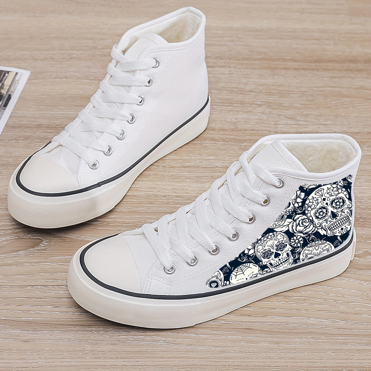 Skull Print Plush Lined Chunky Canvas Sneakers