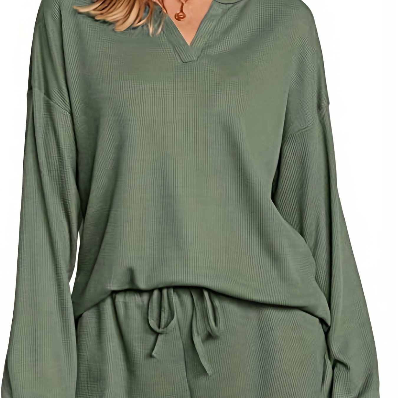 Solid Waffle Knit Two piece Set Long Sleeve V neck Top & Drawstring Shorts