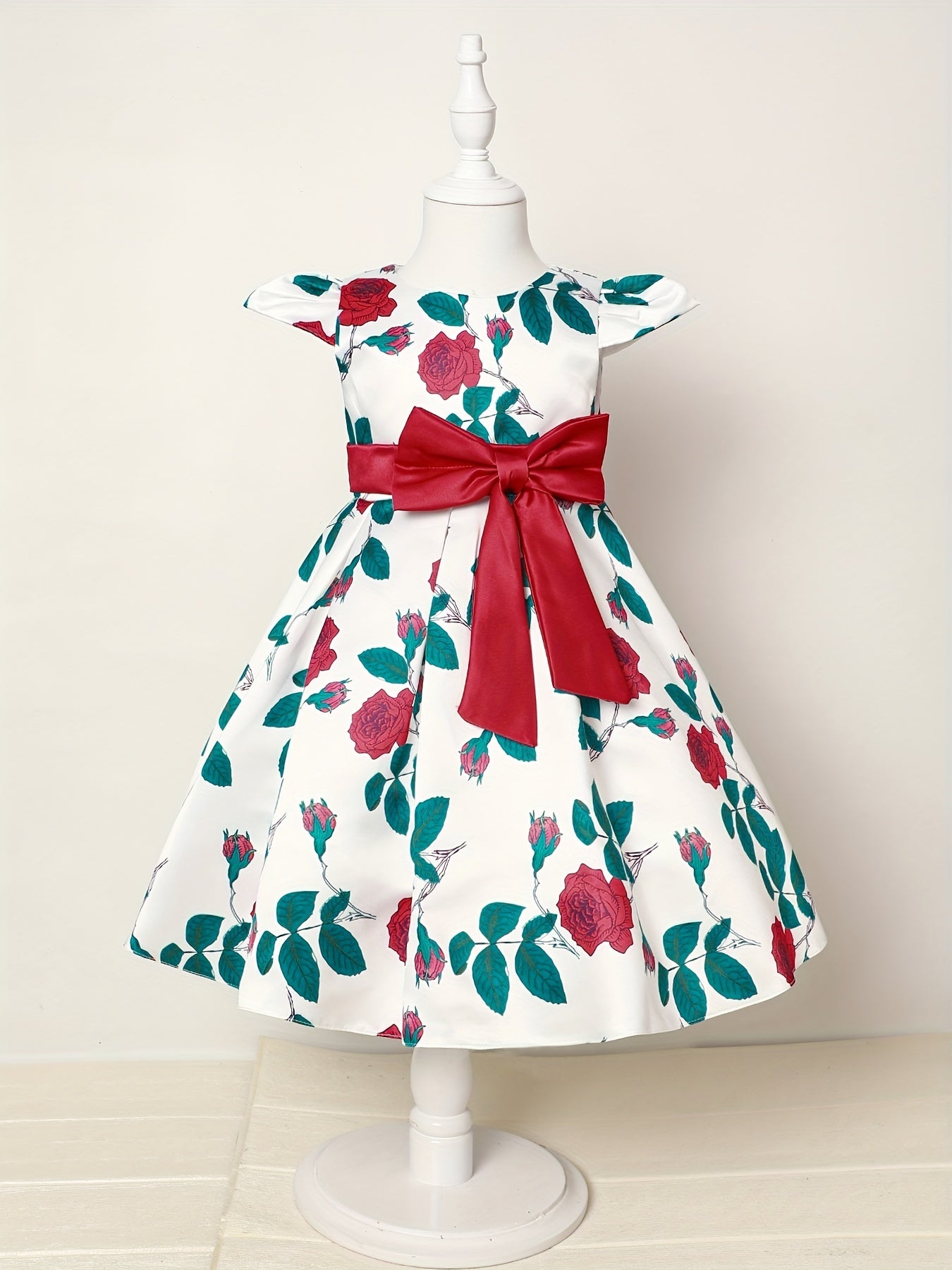Floral Print Bowknot Short Sleeve Princess Dress
