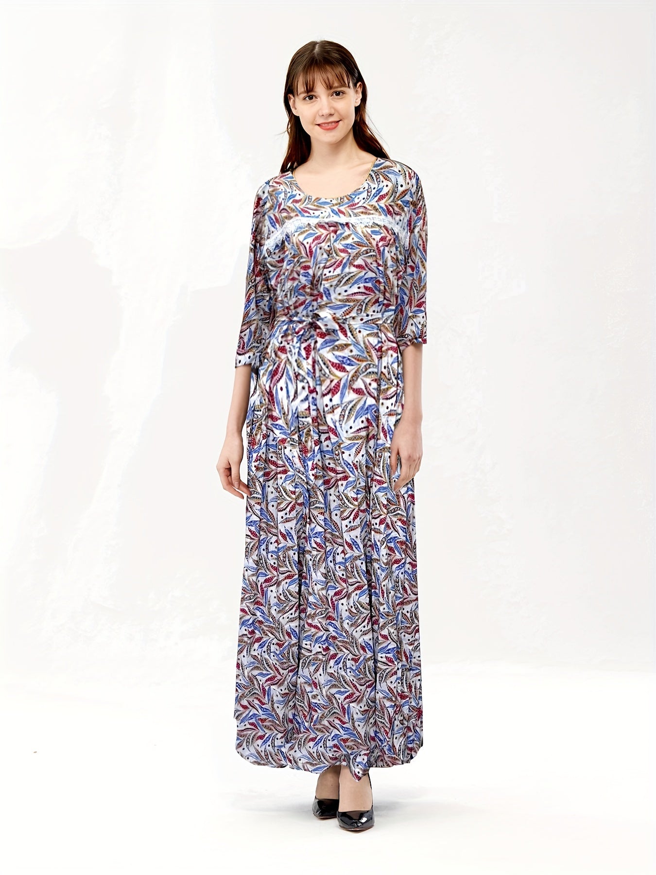  Tropical Print Boho Kaftan Maxi Dress