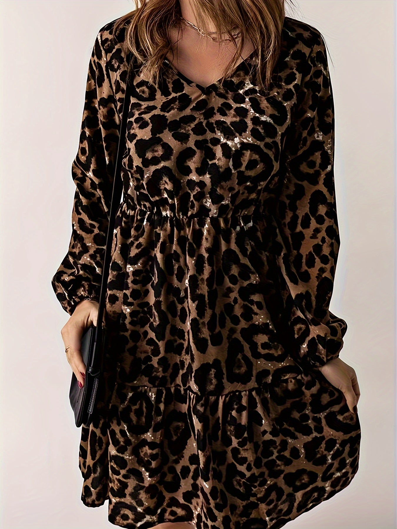  Leopard Print V Neck Smock Dress