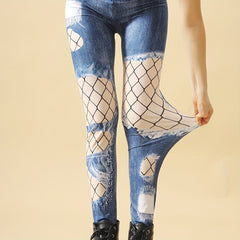 Fishnet Print Tights Opaque High Waist Leggings Women's Stockings
