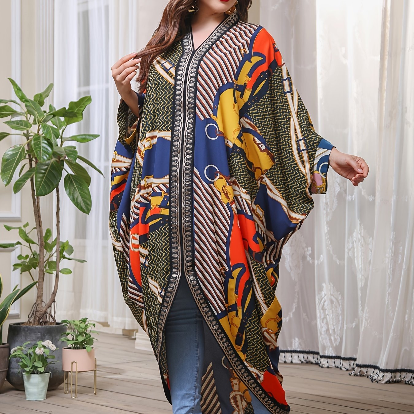  Geometric Print Bat Sleeve V Neck Maxi Dress