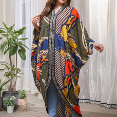  Geometric Print Bat Sleeve V Neck Maxi Dress