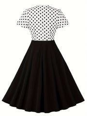  Retro Dress Women's Plus Colorblock Dot Print Short Sleeve
