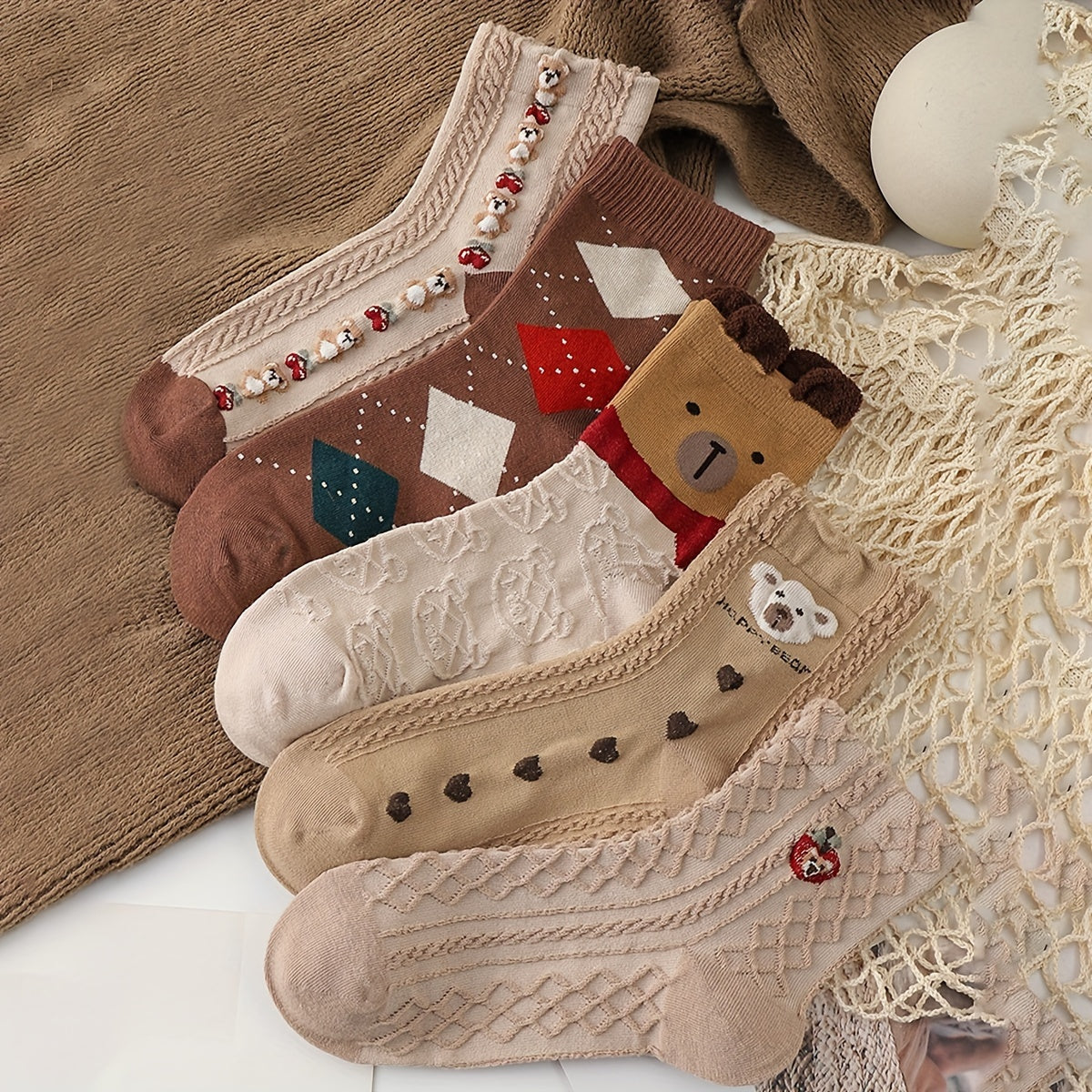 5 Pairs Bear Print Mid Tube Socks Women's Stockings