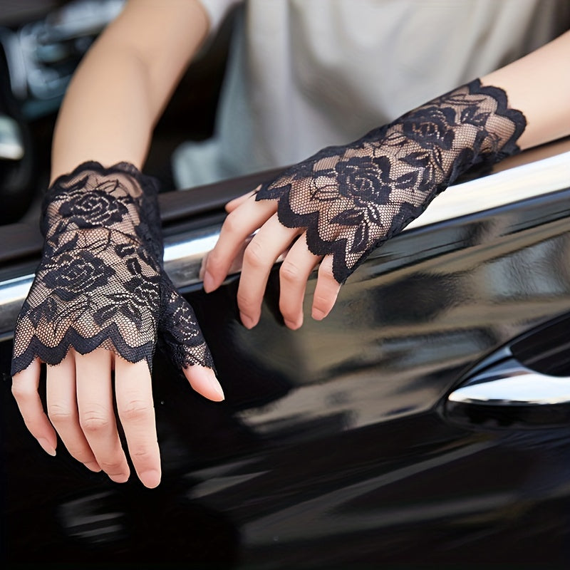 Lace Floral Short Gloves Hollow Out Fingerless Gloves For Women