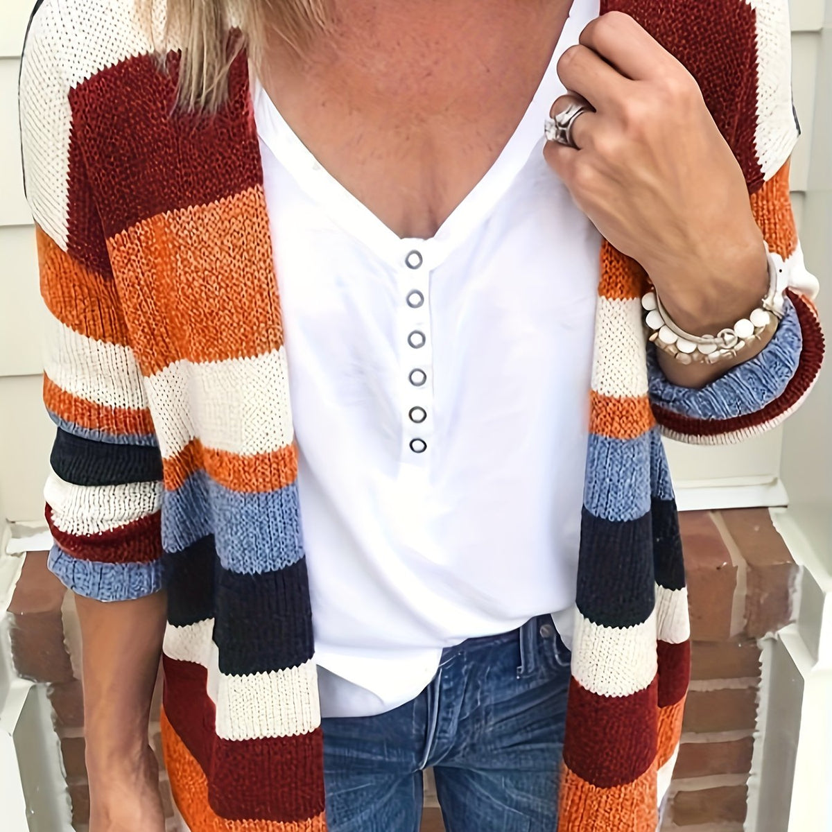  Striped Knitted Long Sleeve Cardigan